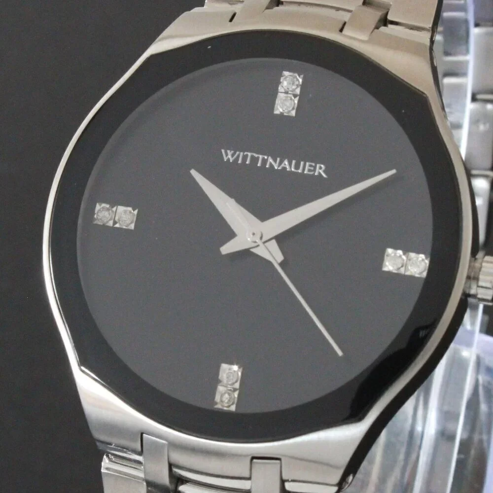 Wittnauer Ladies Dress Watch 8 Diamonds On Black Sun-ray Dial 36mm